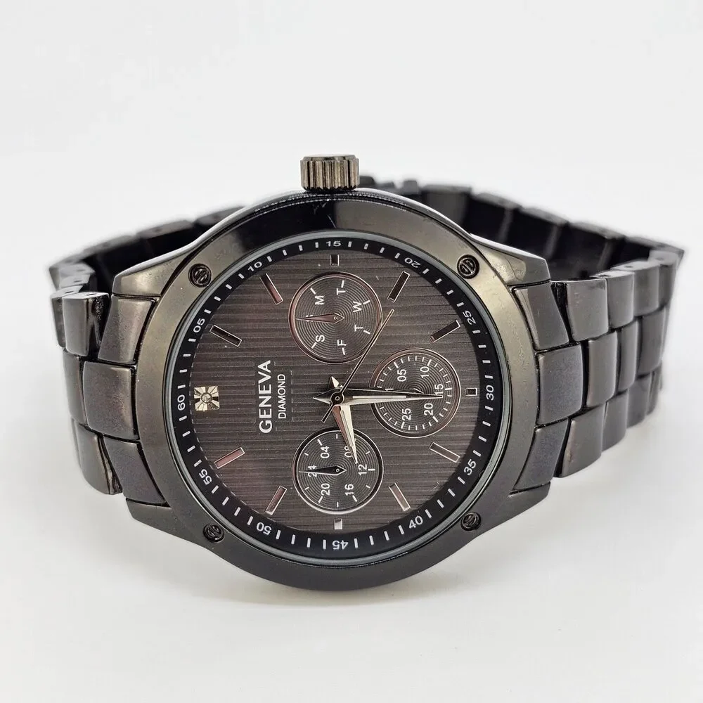 Geneva Diamond Men Quartz Watch 42MM Black Dial Bracelet Band‎ 7.75